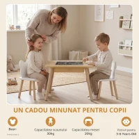 AIYAPLAY Masă pentru copii cu 2 scaune, set de mobilier pentru copii cu depozitare și spătar în formă de ursuleț pentru copii 3-6 ani, lemn natural(m-6)