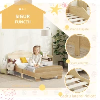 AIYAPLAY Pat pentru copii, pat tineret, pat casă cu design ursuleț, pat de joacă pentru 3-6 ani, 143,5 x 80 x 55 cm, lemn natural(m-7)
