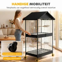 PawHut Grote vogelvolière met uitneembare scheidingswand, 2 deuren, 4 houten zitstokken, wielen, 2 lades en 6 voerbakjes, XXL(m-8)