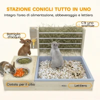 PawHut Mangiatoia per Conigli in Legno con Portafieno, Ciotola in Acciaio e Serbatoio Acqua, 58x40x32 cm, color Legno(m-4)