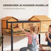 PawHut Schildpaddenverblijf, Kleindierenverblijf, 2 ruimtes, 2 verdiepingen, vensters, hellingen, accessoires, hout, staal, geel(m-5)