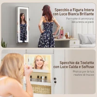 HOMCOM Armadietto Portagioie da Parete o Porta con Specchio Interno e Luci LED, con Serratura e Chiave, Tasca con Zip, Bianco(m-5)
