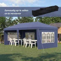 Outsunny Opklapbare tuinpaviljoen van 6 x 3 m, halfopen, verwijderbare zijwanden, grote ramen, draagtas, stalen frame, blauw(m-4)