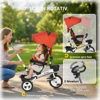 HOMCOM Tricicletă pentru copii 6-in-1 cu Mâner de Împingere, Terasă, Centură, Coș, 18+ Luni, Roșu(m-7)