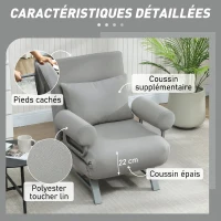 HOMCOM Fauteuil Convertible 1 Place, Fauteuil-Lit Pliable Rembourré en Lin avec Dossier Réglable, Oreiller, Gris Clair(m-6)
