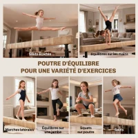 HOMCOM Poutre de Gymnastique 226 cm Antidérapant, Hauteurs Réglable, avec Roulettes, en Acier et Bois Massif, Marron(m-7)