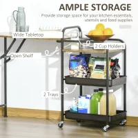 HOMCOM Küchenwagen Küchenrollwagen Servierwagen mit 1 klappbaren Tischplatte 2 Tabletts und 1 offenes Regal Rollen Verstellbare Fußpolster E1-Spanplatte Metall Rustikal-Braun 118 x 36,5 x 82 cm(m-4)