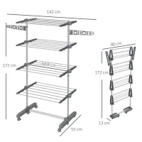 HOMCOM Opvouwbare Wasrek met 5 Niveaus, One-Klik-Systeem, 142 cm x 55 cm x 172 cm, Grijs + Zilver(m-3)