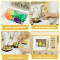 AIYAPLAY Bucătărie de jucărie din lemn cu sunet, cu accesorii din oțel inoxidabil, legume de tăiat, auriu(m-6)