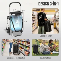 HOMCOM Cărucior de Cumpărături din Aluminiu cu Geantă de 40L Impermeabilă și Scaun, 46x59.5x97 cm, Negru și Argintiu(m-4)