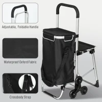 HOMCOM Chariot de courses pliable caddie de courses portable à roulettes avec siège pliable, sac amovible, 46x59,5x97cm, noir(m-8)