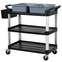 HOMCOM Carro de Limpieza con Ruedas con 3 Estantes 2 Contenedores y Cubo Lateral Colgante Carga 100 kg Negro(m-10)