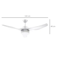 HOMCOM Ventilateur plafond avec lumière et télécommande 20,5 W, 6 vitesses 3 couleurs d'éclairage et minuterie, 132 cm, blanc(m-3)