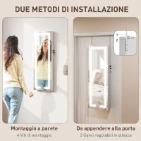 HOMCOM Armadietto Portagioie da Parete o Porta con Specchio Interno e Luci LED, con Serratura e Chiave, Tasca con Zip, Bianco(m-7)