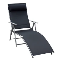 Outsunny Sun Lounger Steel Frame Outdoor Folding Chaise Texteline Lounge Chair Recliner with Headrest & 7 Levels Adjustable Backrest, Black(m-1)