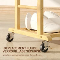 HOMCOM Valet de chambre à roulettes, portant à vêtements en bambou avec cintre intégré, tiges à pantalons et étagère, naturel(m-5)