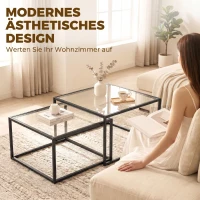 HOMCOM Couchtische 2er-Set Satztisch mit gehärteter Glasplatte und Metallrahmen, für Wohnzimmer Schwarz(m-5)