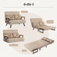 HOMCOM Slaapfauteuil met houten armleuningen, metalen frame, tot 120 kg voor kamer en slaapkamer voor gezinshuis, lichtbruin(m-4)