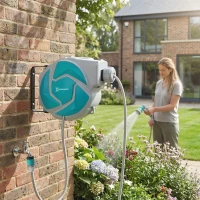 DURHAND Enrouleur Tuyau Arrosage Mural Automatique 10 + 1 m, Pivotant 180°, Buse à 7 Modes, pour Jardin, 28x14x34cm, Vert(m-9)