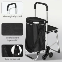 HOMCOM Cărucior de Cumpărături din Aluminiu cu Geantă de 40L Impermeabilă și Scaun, 46x59.5x97 cm, Negru și Argintiu(m-8)