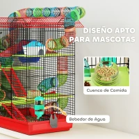 PawHut Jaula para Hámster de 5 Niveles 47x30x59 cm con Túnel Comedero Bebedero Casita Rueda de Ejercicio Escaleras Rojo(m-5)