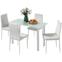 HOMCOM Ensemble de table à manger avec 4 chaises plateau en verre trempé, pieds en acier, pour cuisine salon blanc(m-12)