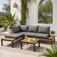 Space-Saving L-Shaped Corner Sofa with Wooden Table, Iron Frame, Outdoor Garden Lounge Set for 4 People, 145L x 60W x 80H cm, Grey(m-1)