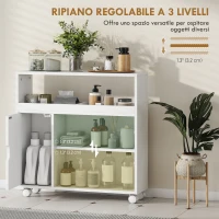 HOMCOM Mobile per Bagno a Rotelle in Legno con Spazio Aperto, Ripiani Regolabili e Ante in Vetro, 71x20x70 cm, Bianco(m-7)