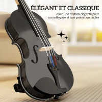 HOMCOM Violon 4/4 Ensemble de Violon en Bois Massif pour Adultes et Débutants avec Étui Léger et Portable 60 x 21 cm Noir(m-6)