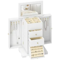 HOMCOM Boîte à Bijoux Femme à 4 Niveaux, Coffre à Bijoux en Bois avec Ailes, Miroir et 2 Tiroirs, 26,5x16 x33,5 cm, Blanc(m-11)