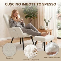 HOMCOM Poltrona con Poggiapiedi in Tessuto Teddy con Schienale Alto Trapuntato, Tasche Laterali, Beige(m-5)