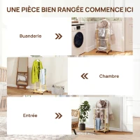 HOMCOM Valet de chambre à roulettes, portant à vêtements en bambou avec cintre intégré, tiges à pantalons et étagère, naturel(m-7)