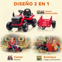 AIYAPLAY Tractor Eléctrico para Niños con Remolque Desmontable Batería 12V Velocidad 3-5 km/h, Control Remoto 2,4G Rojo(m-5)