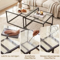 HOMCOM Couchtische 2er-Set Satztisch mit gehärteter Glasplatte und Metallrahmen, für Wohnzimmer Schwarz(m-7)