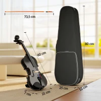 HOMCOM Violon 4/4 Ensemble de Violon en Bois Massif pour Adultes et Débutants avec Étui Léger et Portable 60 x 21 cm Noir(m-3)