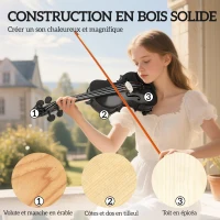 HOMCOM Violon 4/4 Ensemble de Violon en Bois Massif pour Adultes et Débutants avec Étui Léger et Portable 60 x 21 cm Noir(m-5)