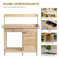Outsunny planttafel met gegalvaniseerd werkblad, tuintafel met lade, kast, tuinwerktafel, massief hout, naturel, 112 x 45 x 125 cm(m-5)