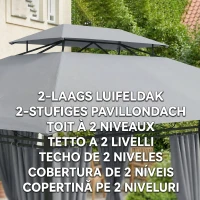 Outsunny Tuinpaviljoen, Outdoor Paviljoen met Gordijnen, Geventileerd Dak, Donkergrijs(m-4)