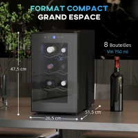 HOMCOM Cave à vin 8 bouteilles 21L, réfrigérateur à vin et boissons avec température réglable 8-18°C, porte en verre, noir(m-3)