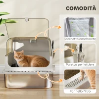 PawHut Lettiera per Gatti Chiusa XXL in Acciaio Inox, Coperchio Apribile a 90° e Doppie Porte, 70x50x46.5 cm, Grigio(m-6)