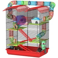 PawHut Jaula para Hámster de 5 Niveles 47x30x59 cm con Túnel Comedero Bebedero Casita Rueda de Ejercicio Escaleras Rojo(m-11)