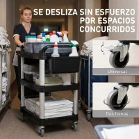 HOMCOM Carro de Limpieza con Ruedas con 3 Estantes 2 Contenedores y Cubo Lateral Colgante Carga 100 kg Negro(m-6)