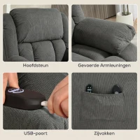 HOMCOM Relaxstoel met Massage- en Warmtefunctie, Elektrische Opsta-Stoel, Afstandsbediening, Zijvakken, Grijs(m-7)