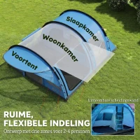 Outsunny Tunneltent 4 personen familietent met slaapcabine voortent afneembaar tussenschot ramen grondzeil stahoogte(m-4)