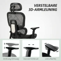 HOMCOM Bureaustoel, Ergonomische Bureaustoel met Mesh Bekleding, Verstelbaar, Rolbaar, met Armleuningen, Hoofdsteun, Zwart(m-7)