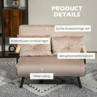 HOMCOM Slaapfauteuil met houten armleuningen, metalen frame, tot 120 kg voor kamer en slaapkamer voor gezinshuis, lichtbruin(m-6)