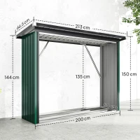Outsunny Abri-bûches Couvert Support pour Bois de Chauffage Plancher Surélevé Toit Incliné, Acier Galvanisé 213x66,5x150cm Vert(m-3)