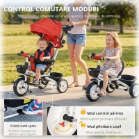 HOMCOM Tricicletă pentru copii 6-in-1 cu Mâner de Împingere, Terasă, Centură, Coș, 18+ Luni, Roșu(m-6)