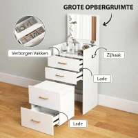 HOMCOM 3-in-1 Make-uptafel met Spiegel, Nachtkastje, Rollende Kruk, Lades, Wit(m-5)