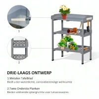 Outsunny planttafel tuintafel bloementafel met metalen werkblad tuinhout grijs 76 x 37 x 89 cm(m-4)